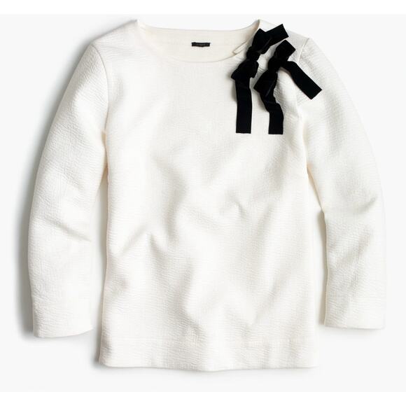 J.Crew Womens Medium Long Sleeve Double velvet Bow Textured Sweatshirt white blk - Picture 1 of 10